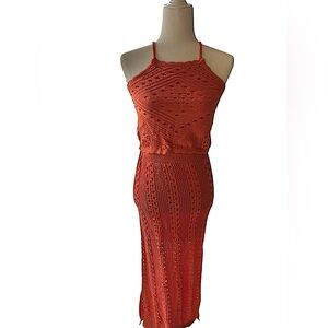 Olive + Oak Orange Crochet Knit 2 Piece Set Halter Crop Top & Midi Skirt  Resort